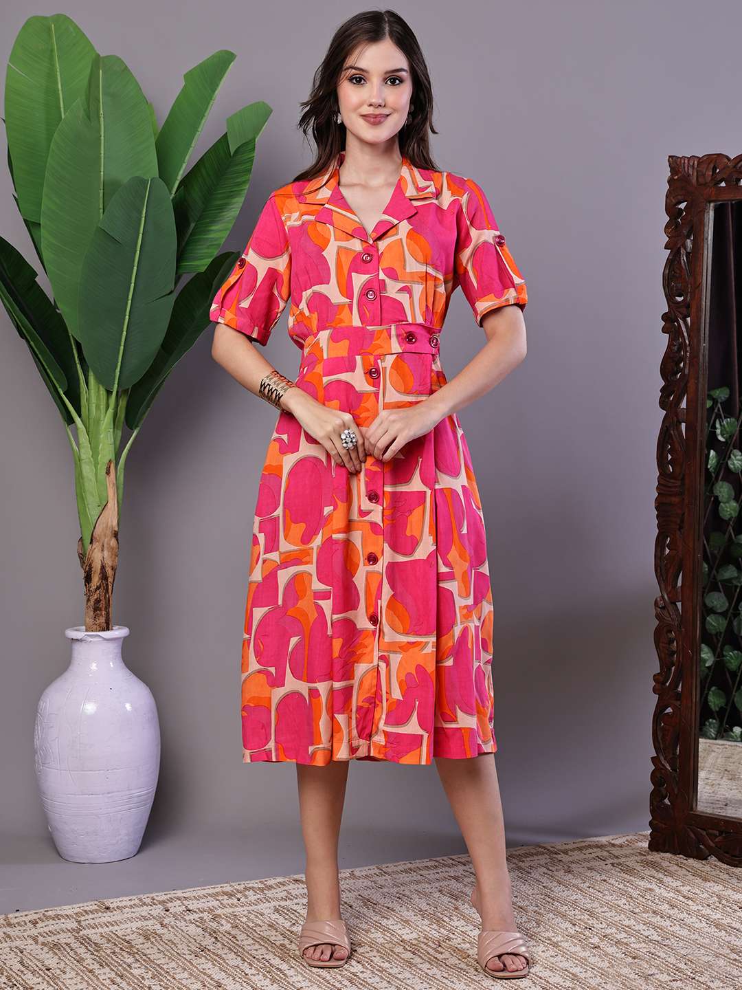 Women's Pink & Orange Abstract Print Cotton Shirt Dress